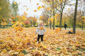 Baby with oak and maple leaf. Fall foliage.