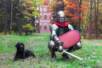 knight  and dog  black labrador guards a castle fortress medieval protection  historical