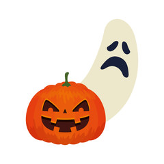 halloween pumpkin traditional with ghost vector illustration design