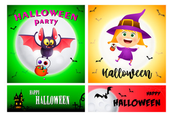 Halloween party green, yellow banner set with witch. Halloween, October, trick or treat. Lettering can be used for greeting cards, invitations, announcements