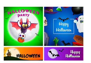 Halloween party green, blue banner set with bat, candies. Halloween, October, trick or treat. Lettering can be used for greeting cards, invitations, announcements