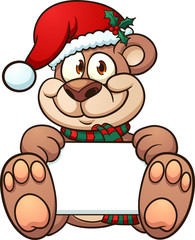 Cartoon bear with a Christmas hat holding a blank sign clip art. Vector illustration with simple gradients. All in a single layer.