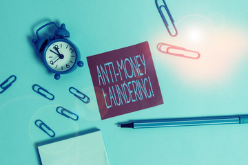 Conceptual hand writing showing Anti Money Laundering. Concept meaning regulations stop generating...