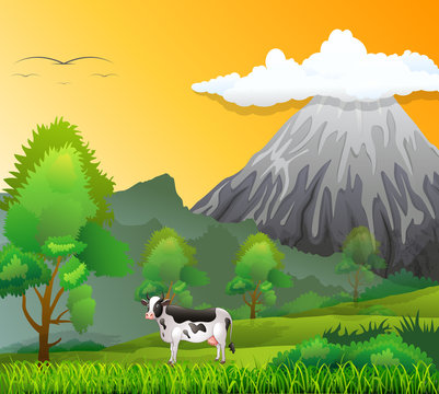 Cartoon cow typical calm green landscape around