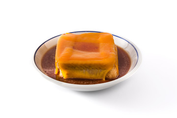 Typical Portuguese francesinha sandwich isolated on white background