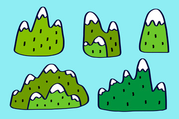 Types of hills and mountains set hand drawn in cartoon comic style vector illustration