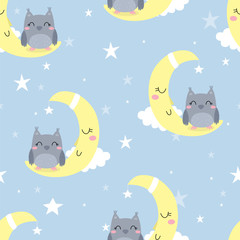 Seamless pattern with owl sleep on the moon. vector print. Animals pattern.