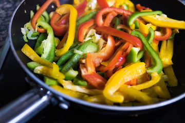 Detail of a pan with vegetable ingredients to cook some fajitas. Traditional mexican food