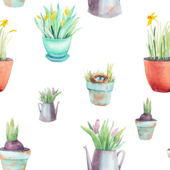 Watercolor spring gardening seamless pattern. Hand painted texture with flower pots and blossom plants on white background. Vintage rustic wallpaper