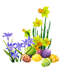 Wonderful Easter arrangement with colorful decorated paschal eggs, bluebells and yellow narcissi hand drawn in watercolor isolated on a white background. Watercolor illustration