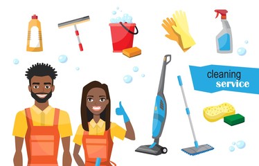 Professional cleaners team. Young black african american smiling couple are holding cleaning tools. Vector illustration of cartoon characters