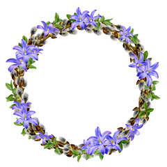 Tender spring willow wreath with bluebell flowers and little green branches hand drawn in watercolor isolated on a white background. Ideal for greeting cards, invitations.Beautiful Easter arrangement.