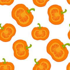 Seamless pattern with hand drawn pumpkin in cartoon style. Flat pastel background of pumpkins. Autumn texture for thanksgiving, harvest and halloween. Vector Illustration.