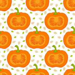 Seamless pattern with hand drawn pumpkin in cartoon style. Flat background of pumpkins, squash and seeds. Autumn texture for thanksgiving, harvest and halloween. Vector Illustration.