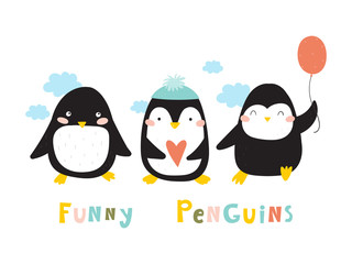 Obraz premium Cartoon cute penguins vector character. Christmas print with penguins in hats. Bright funny cartoon card .