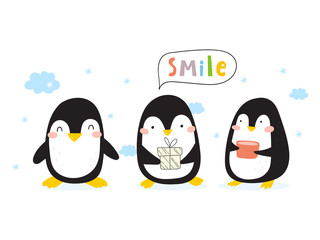 Cartoon cute penguins vector character. Christmas print with penguins in hats. Bright funny cartoon card .