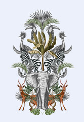 Naklejki  Kompozycja symetrii z tropikalnymi drzewami i zwierzętami. Wektor.