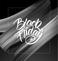 Sale poster with calligraphic lettering composition of Black Friday and brushstroke twisted liquid shape.