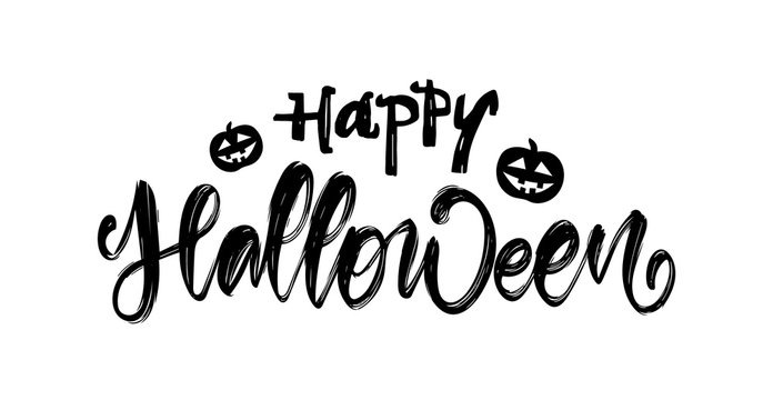 Hand drawn lettering of Happy Halloween with pumpkins on white background