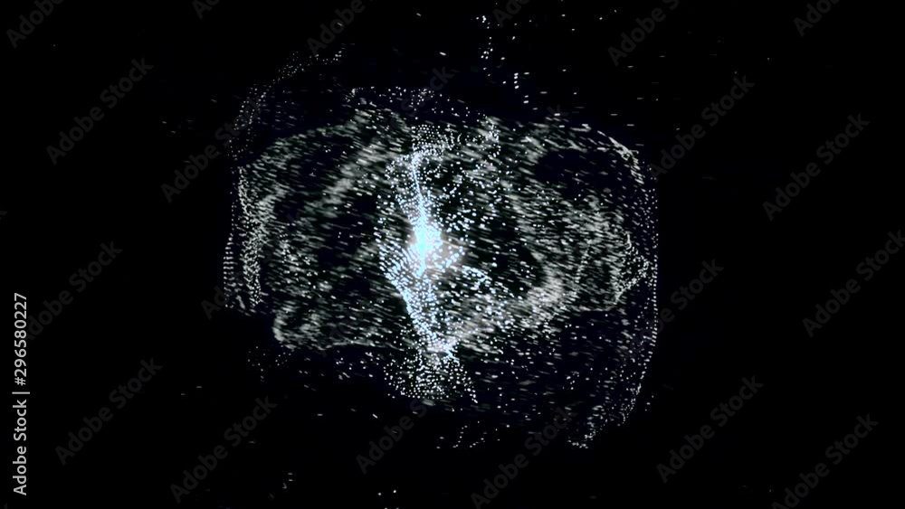 Poster white particle energy sphere rotating on black background. animation. white small dots spreading and