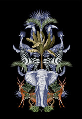 Symmetry composition with tropical trees and animals. Vector.