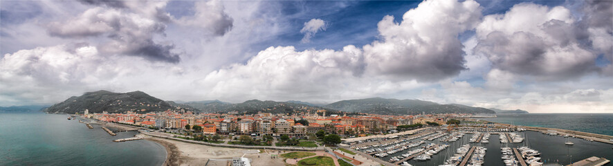 Obraz premium Panoramic aerial view of Chiavari skyline at sunset. Liguria, Italy