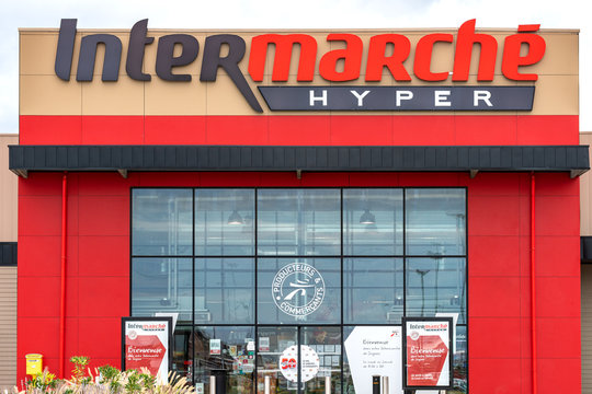 Soyons, France - October 17, 2019. Logo and building of french retailer Intermarch&eacute; Hyper is seen in Soyons.