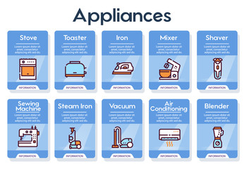 Household appliance linear icons set