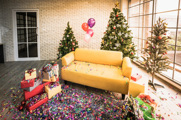 Happy New Year and Merry Christmas, beautiful living room at morning after party, preparing decorated for Christmas day