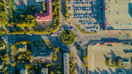 Drones Eye View - traffic jam top view, transportation concept, roundabout intersection crossroad aerial view from above