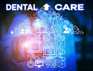 Writing note showing Dental Care. Business concept for maintenance of healthy teeth or to keep it clean for future Woman wear formal work suit presenting presentation using smart device