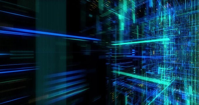 Connecting people on the internet, Growing global network, Social network and data connections. Flying through technological abstract matrix hologram digital data. Seamless loop 3D render