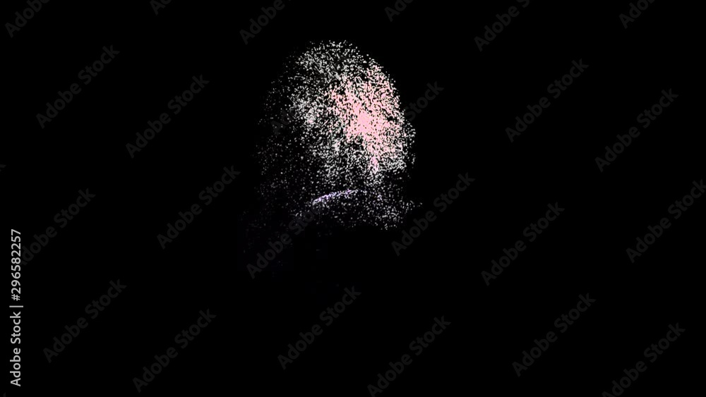 Poster white particle energy sphere rotating on black background. animation. white small dots spreading and
