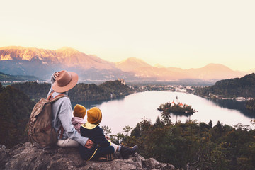 Journey Slovenia with kids. Family travel Europe. View on Bled Lake - obrazy, fototapety, plakaty