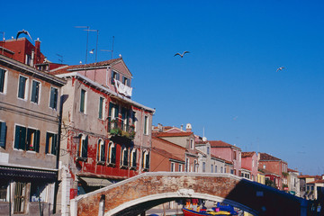 Fototapeta na wymiar ヴェネツィアのムラーノ島のカラフルな建物と青空