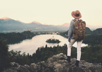 Hiker woman exploring Bled Lake in Slovenia, Europe.