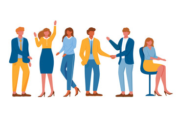 Obraz premium Office workers flat vector illustrations set. Businessmen and businesswomen work relationship. Colleagues teamwork. Caucasian full body men and women in business clothes isolated cartoon characters