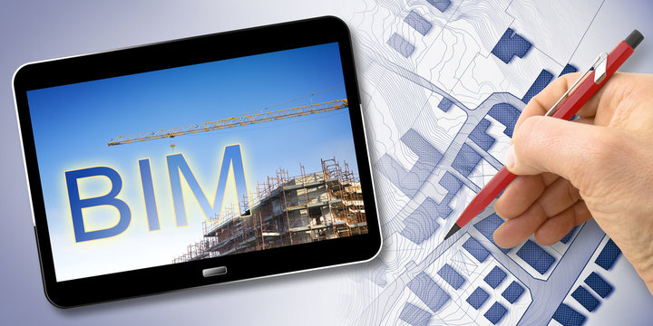 Building Information Modeling (BIM), a new way of architecture designing - concept image with a metal tower crane in a construction site and 3D render of a digital tablet