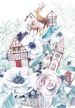 Watercolor winter fairytale illustration. Hand painted bouquet with old houses, deers, anemone flowers, succulent, roses, berries, stars and leaves. Vintage style fantasy artwork