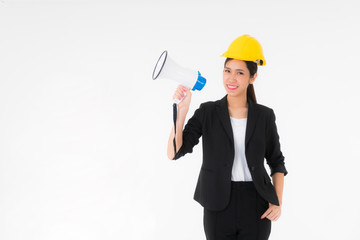 woman holding a megaphone isolated on white background