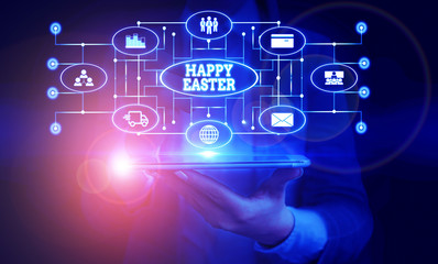 Conceptual hand writing showing Happy Easter. Concept meaning Christian feast commemorating the resurrection of Jesus Woman wear work suit presenting presentation smart device