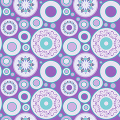 Fototapeta premium Seamless geometric abstract background in violet tones, decorative different size circles with patterns, rings, mandala, pattern suitable for design of wrapping paper, textiles.