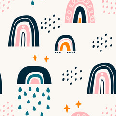 Various rainbows. Kids drawing style. Different ornaments. Childish scandinavian style. Flat design. Hand drawn colored vector seamless pattern. Modern trendy illustration. Pastel colors
