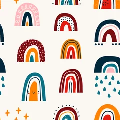  Diverse regenbogen. Kinderen tekenstijl. Verschillende ornamenten. Kinderachtige Scandinavische stijl. Plat ontwerp. Hand getekend gekleurde vector naadloze patroon. Moderne trendy illustratie. © Dariia