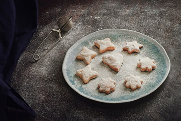 Homemade puff pastry cookies with icing sugar