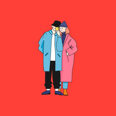 Street fashion look. Couple in love dressed in stylish trendy oversized clothes. Boy and girl. Korean japanese asian. Comic cartoon style. Manga anime. Hand drawn vector illustration. Flat design