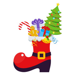 Red Santa Claus boot with gifts, treats and christmas tree