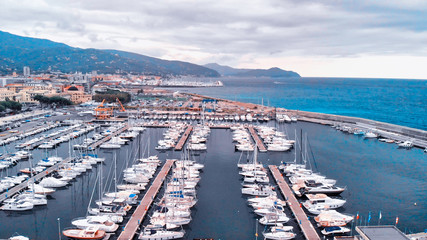 Fototapeta na wymiar Panoramic aerial view of Chiavari port. Liguria, Italy