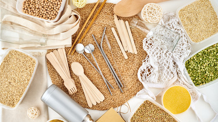Zero waste concept. Reusable products, gluten free. Natural materials, environmentally friendly,...