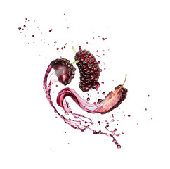 Juice splashes out from torn mulberries on a white background